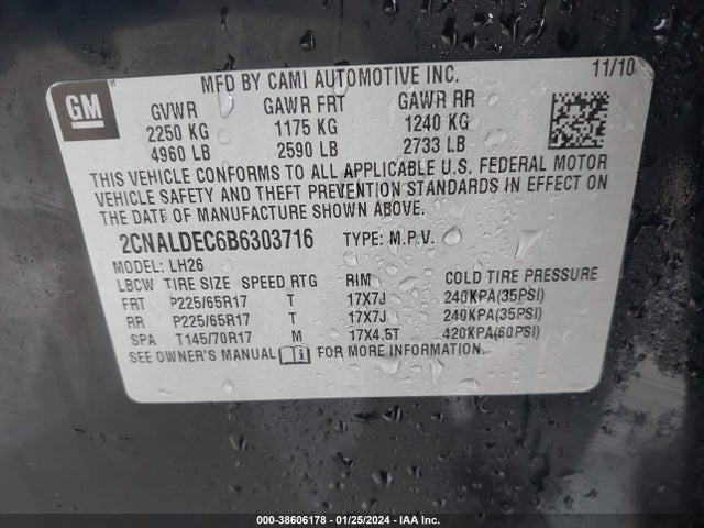 2011 CHEVROLET EQUINOX 1LT VIN: 2CNALDEC6B6303716