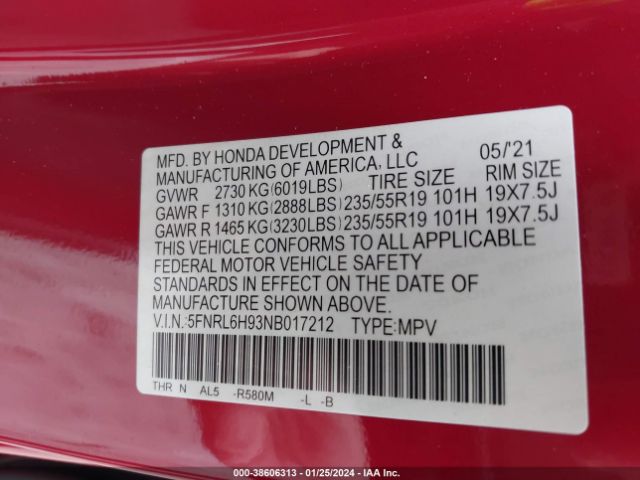 5FNRL6H93NB017212 Honda Odyssey Elite
