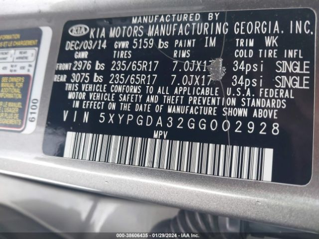 5XYPGDA32GG002928 KIA Sorento 2.4l Lx