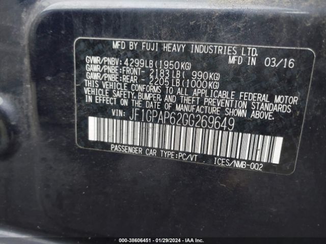 JF1GPAP62GG269649 Subaru Impreza 2.0i Sport Premium