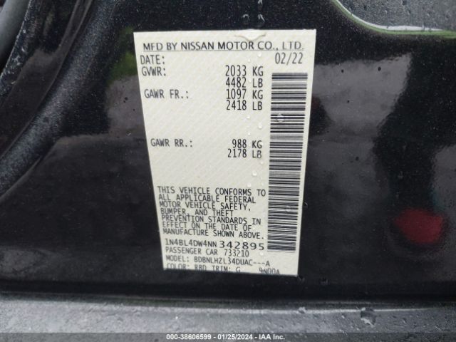 1N4BL4DW4NN342895 Nissan Altima Sv Intelligent Awd
