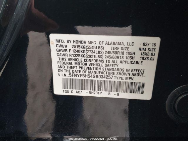 5FNYF5H54GB034257 Honda Pilot Ex-l