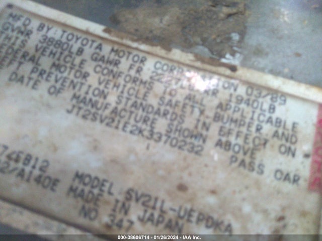 1989 TOYOTA CAMRY DLX VIN: JT2SV21E2K3370232
