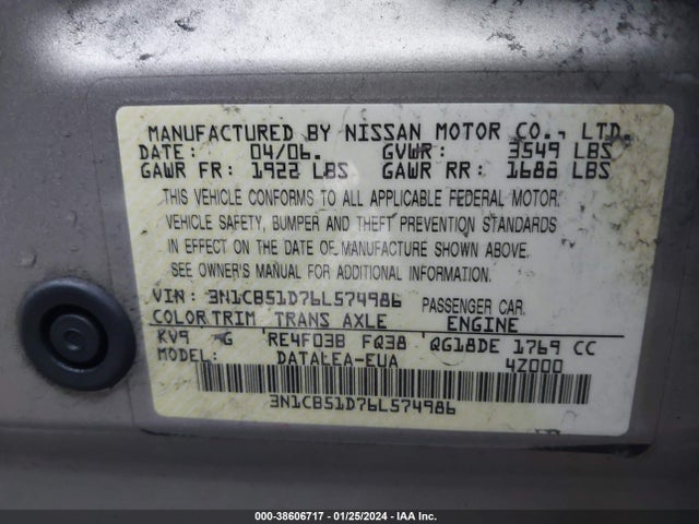 2006 NISSAN SENTRA 1.8S VIN: 3N1CB51D76L574986