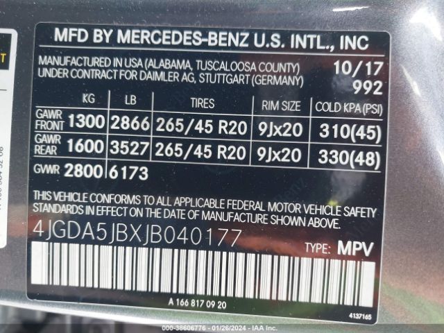 4JGDA5JBXJB040177 Mercedes-Benz GLE 350