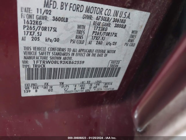 2003 FORD F-150 LARIAT/XLT VIN: 1FTRW08L93KB62559