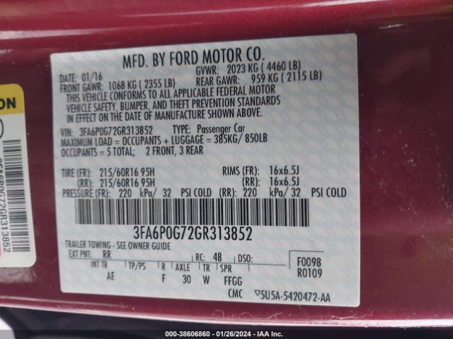 3FA6P0G72GR313852 Ford FUSION S