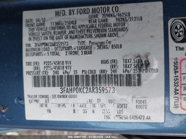 2010 FORD FUSION SPORT VIN: 3FAHP0KC2AR359573