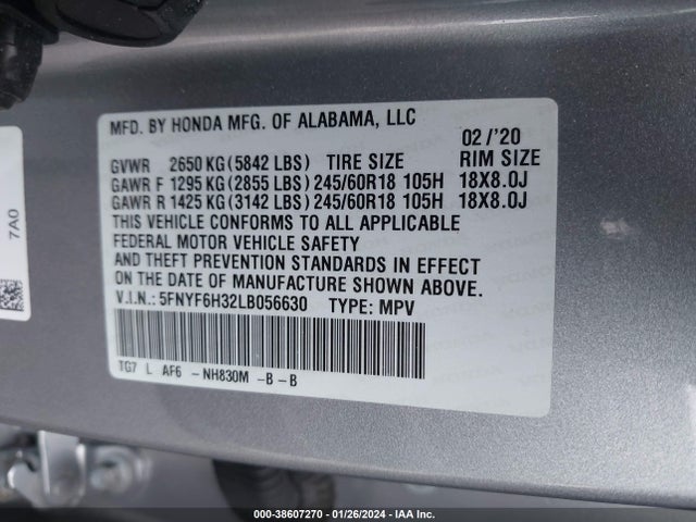 Honda Pilot Awd Ex 2020 5FNYF6H32LB056630 Image 9