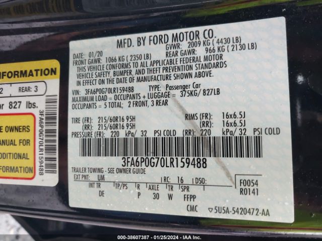 2020 FORD FUSION 3FA6P0G70LR159488 Photo 8