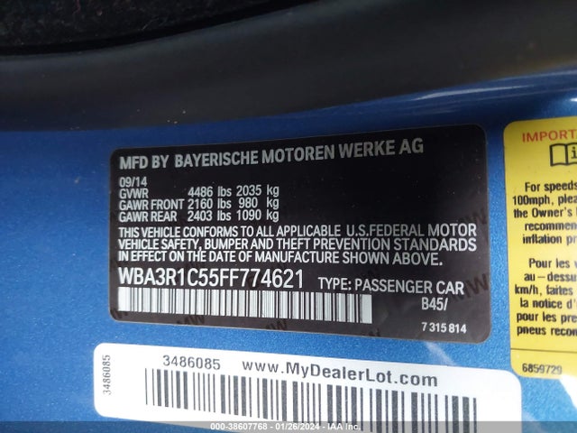 2015 BMW 435I VIN: WBA3R1C55FF774621
