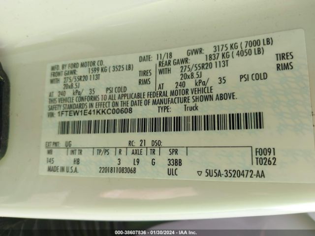 1FTEW1E41KKC00608 Ford F-150 Lariat