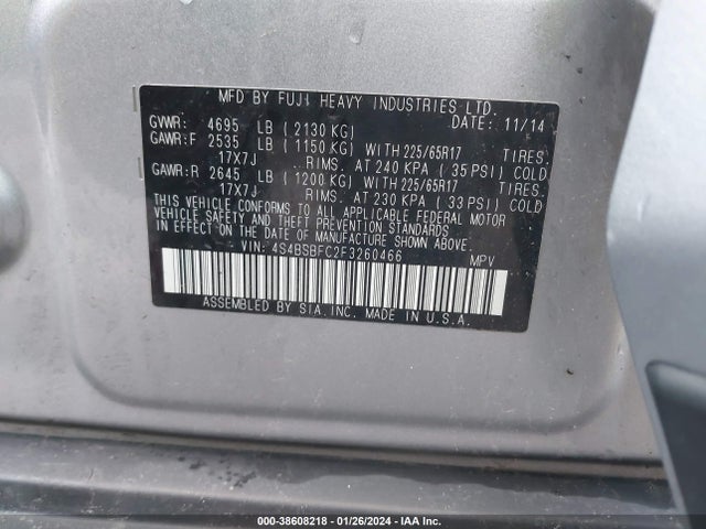 Subaru Outback 2.5i Premium 2015 4S4BSBFC2F3260466 Image 9