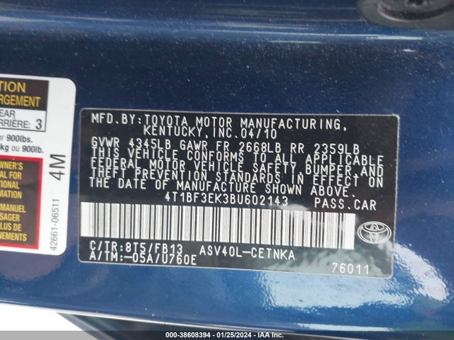 2011 TOYOTA CAMRY LE VIN: 4T1BF3EK3BU602143