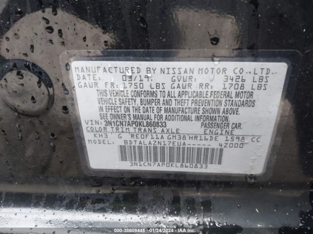 3N1CN7AP0KL860833 Nissan Versa 1.6 S+
