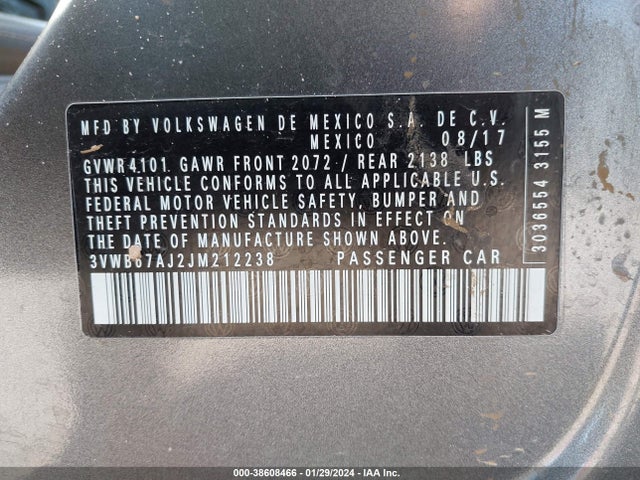 3VWB67AJ2JM212238 Volkswagen Jetta 1.4t Se/1.4t Wolfsburg Edition