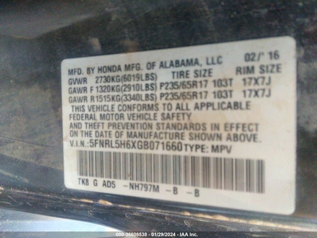 Honda Odyssey Ex-l 2016 5FNRL5H6XGB071660 Image 9