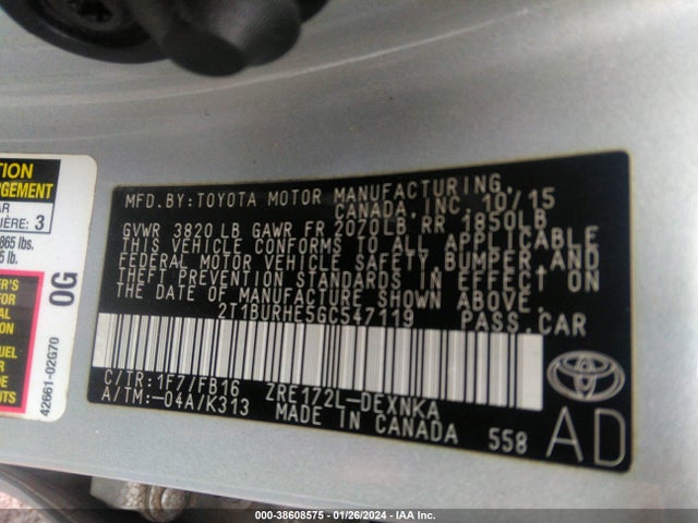 2016 TOYOTA COROLLA LE VIN: 2T1BURHE5GC547119