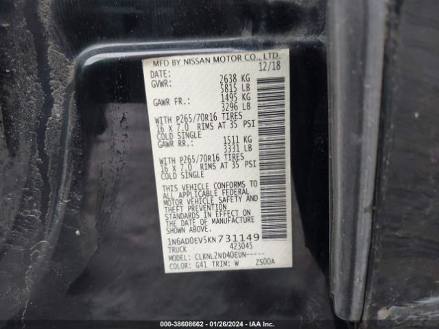 1N6AD0EV5KN731149 Nissan Frontier Sv