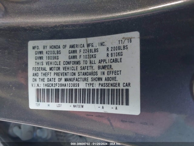 Honda ACCORD LX 2017 1HGCR2F39HA103859 Image 9