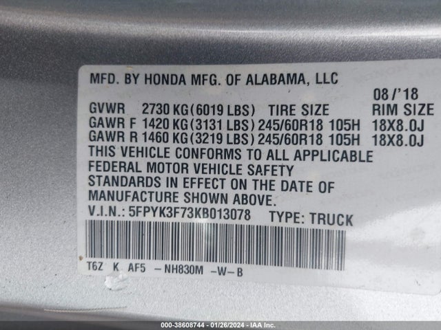 Honda Ridgeline Rtl-e 2019 5FPYK3F73KB013078 Image 9