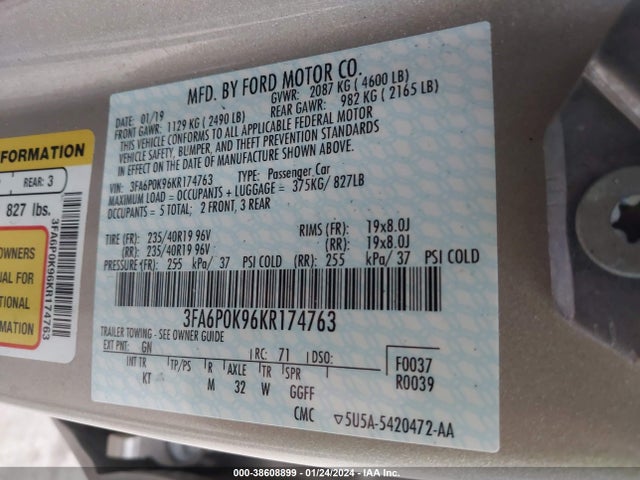 Ford Fusion Titanium 2019 3FA6P0K96KR174763 Image 9