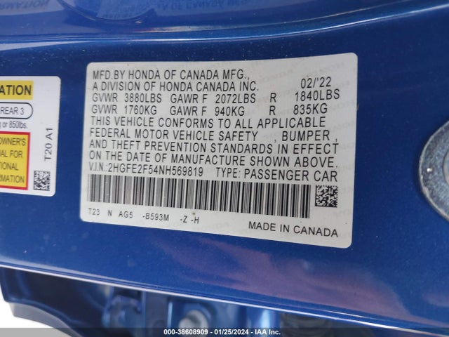 Honda Civic Sport 2022 2HGFE2F54NH569819 Image 9
