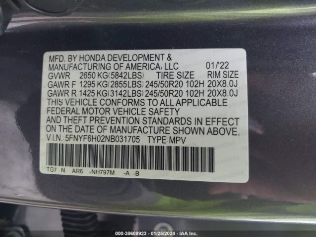 5FNYF6H02NB031705 Honda Pilot Elite
