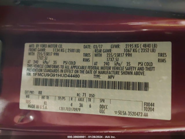 Ford ESCAPE SE 2017 1FMCU9G91HUD44480 Image 9
