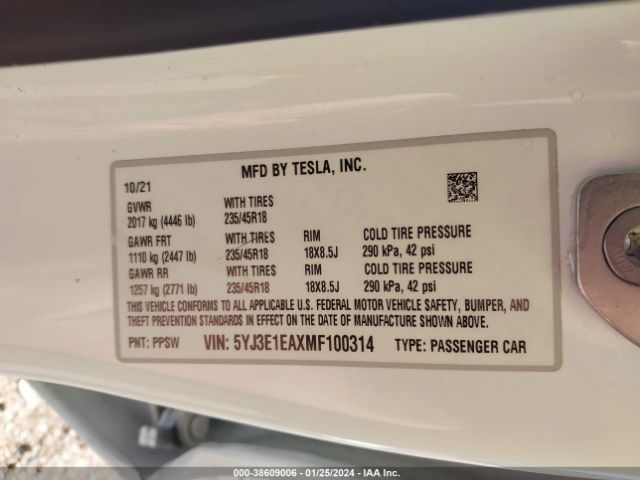 2021 TESLA MODEL 3 5YJ3E1EAXMF100314 Photo 8