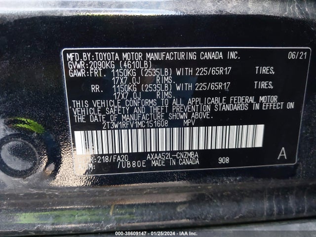 2021 TOYOTA RAV4 XLE VIN: 2T3W1RFV1MC151608