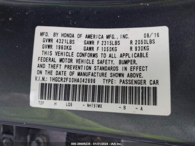 1HGCR2F00HA042696 Honda ACCORD EX