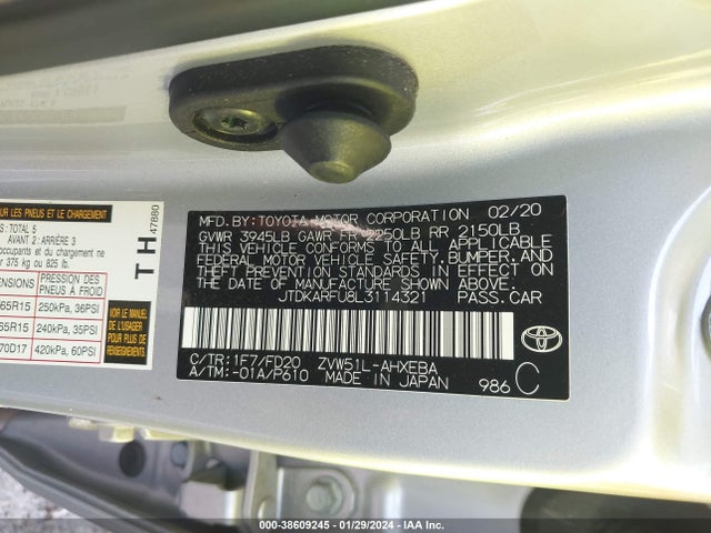 Toyota Prius Le 2020 JTDKARFU8L3114321 Image 9