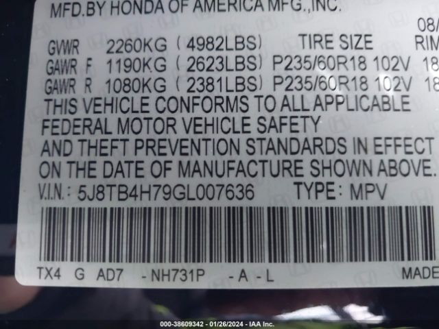 5J8TB4H79GL007636 Acura Rdx Advance Pkg
