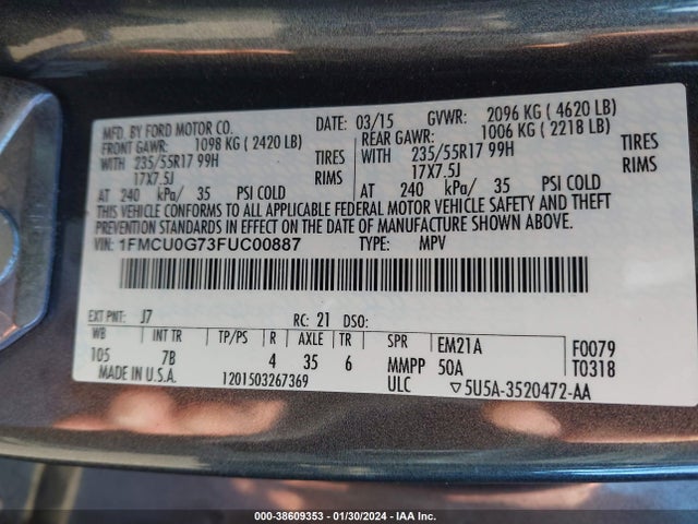 Ford ESCAPE SE 2015 1FMCU0G73FUC00887 Image 9