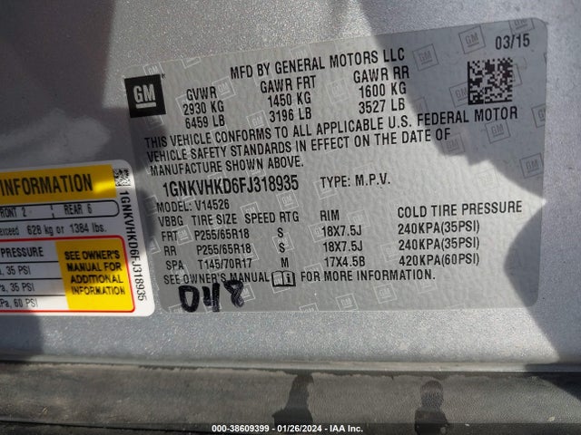 Chevrolet Traverse 2lt 2015 1GNKVHKD6FJ318935 Image 9