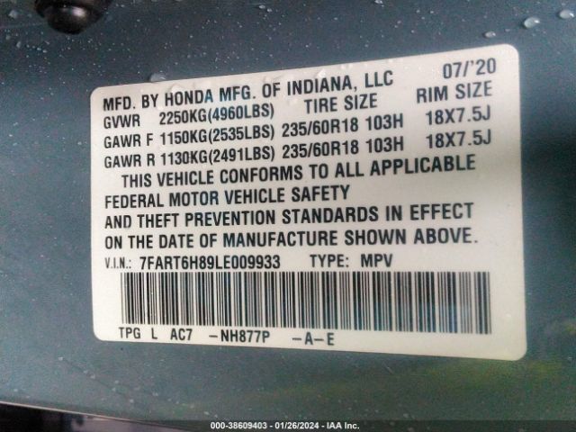 7FART6H89LE009933 Honda Cr-v Hybrid Ex-l