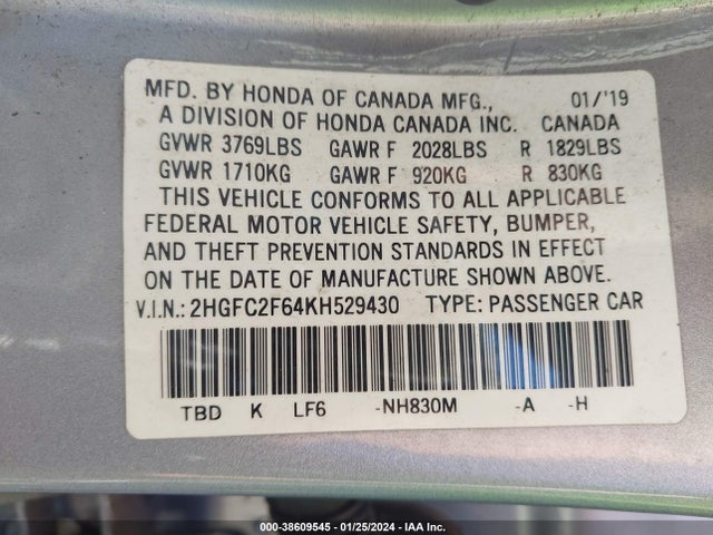 Honda Civic Lx 2019 2HGFC2F64KH529430 Image 9