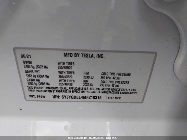 5YJYGDEE4MF218315 Tesla Model Y Long Range Dual Motor All-wheel Drive