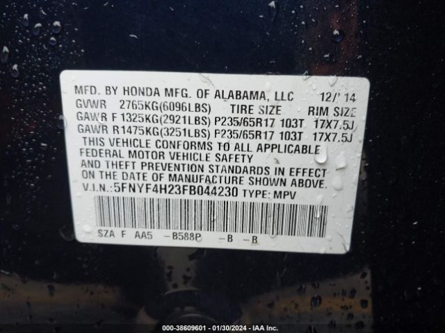 5FNYF4H23FB044230 Honda PILOT LX