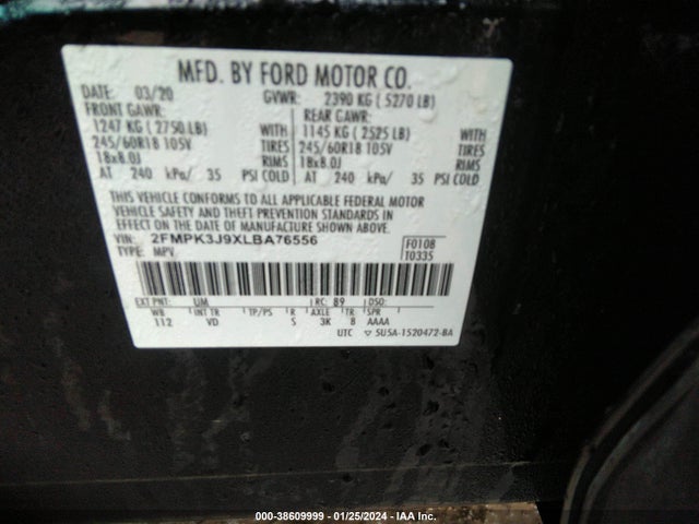 Ford EDGE SEL 2020 2FMPK3J9XLBA76556 Image 9