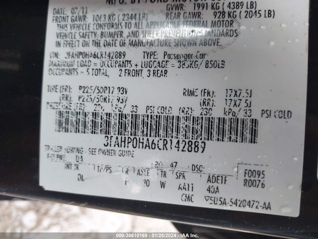 2012 FORD FUSION SE VIN: 3FAHP0HA6CR142889