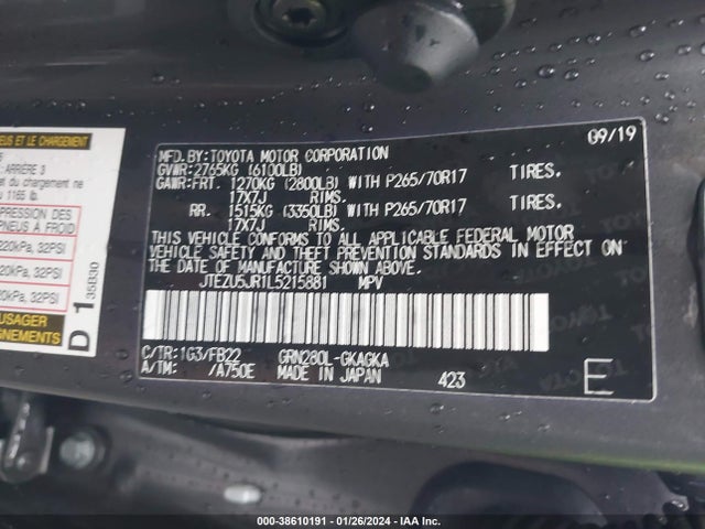Toyota 4RUNNER SR5 2020 JTEZU5JR1L5215881 Image 9