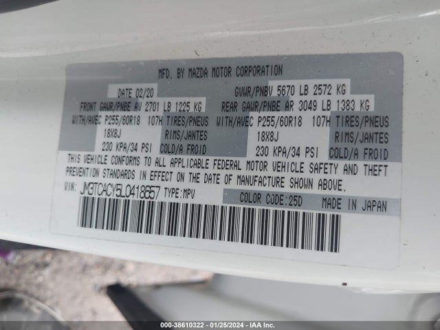 Продаж на аукціоні авто 2020 Mazda Cx-9 Touring, vin: JM3TCACY5L0418657, номер лоту: 38610322