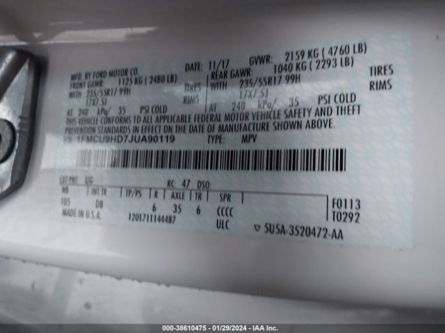 1FMCU9HD7JUA90119 Ford ESCAPE SEL