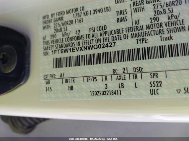 1FT6W1EVXNWG02427 Ford F-150 Lightning Lariat