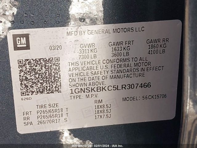 1GNSKBKC5LR307466 Chevrolet Tahoe 4wd Lt