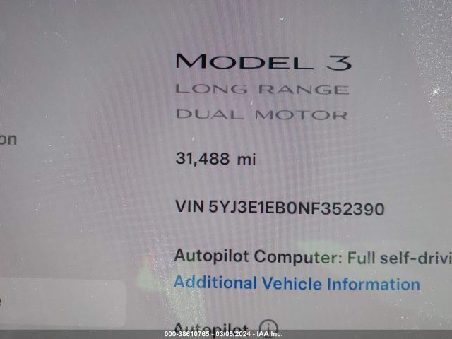 5YJ3E1EB0NF352390 Tesla Model 3 Long Range Dual Motor All-wheel Drive