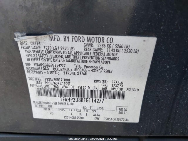 Ford TAURUS SE 2015 1FAHP2D88FG114277 Image 9