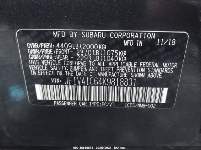 Subaru Wrx Premium 2019 JF1VA1C64K9818831 Image 9